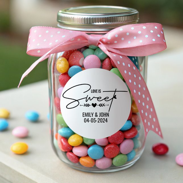 Elegant Love Is Sweet Heart Calligraphy Wedding  Classic Round Sticker (love is sweet wedding stickers elegant engagement party simple minimalist calligraphy black & white)