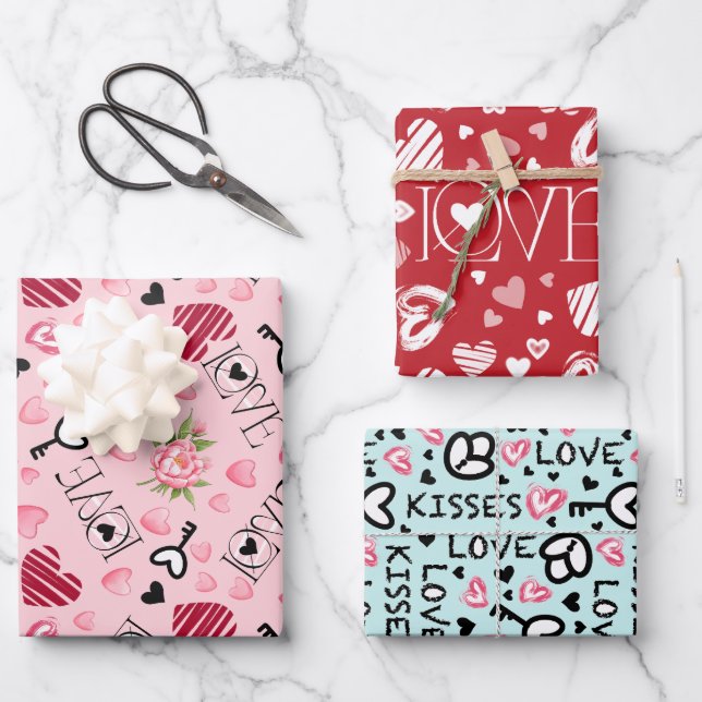 Elegant Love Kisses Key Peony Pink Hearts Wrapping Paper Sheet (Front)