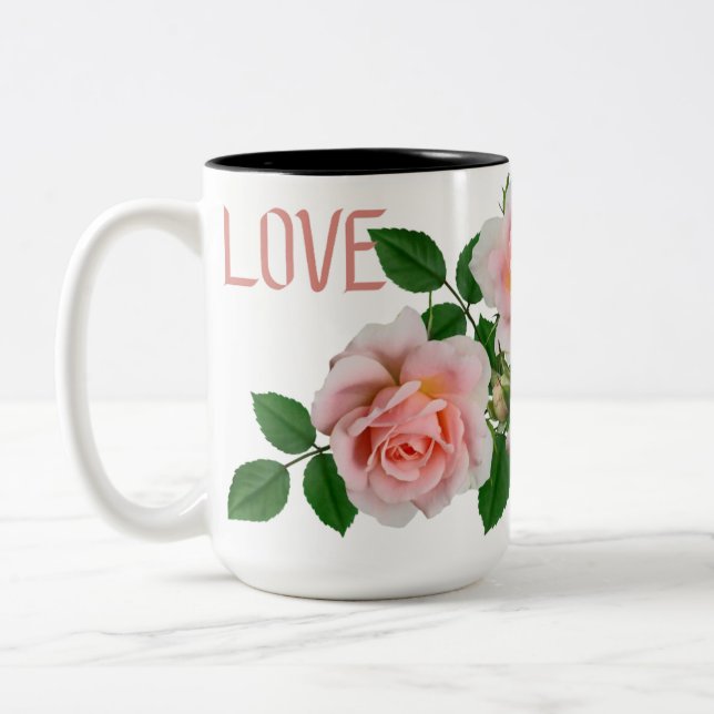 Elegant 'LOVE' Pink Rose Two-Tone Mug (Left)