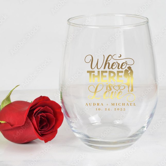 Elegant Love Quote Gold Calligraphy Wedding  Stemless Wine Glass (Creator Uploaded)