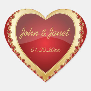 Elegant Love Shiny Deep Red Gold Jewel Heart Sticker
