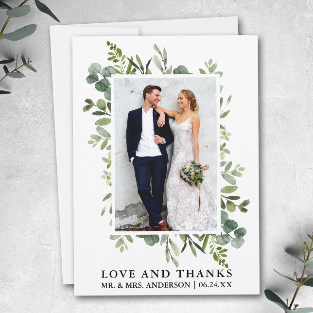 Elegant Love Thanks Watercolor Eucalyptus Greenery Thank You Card (Customize to add text or more photos to back of card.)