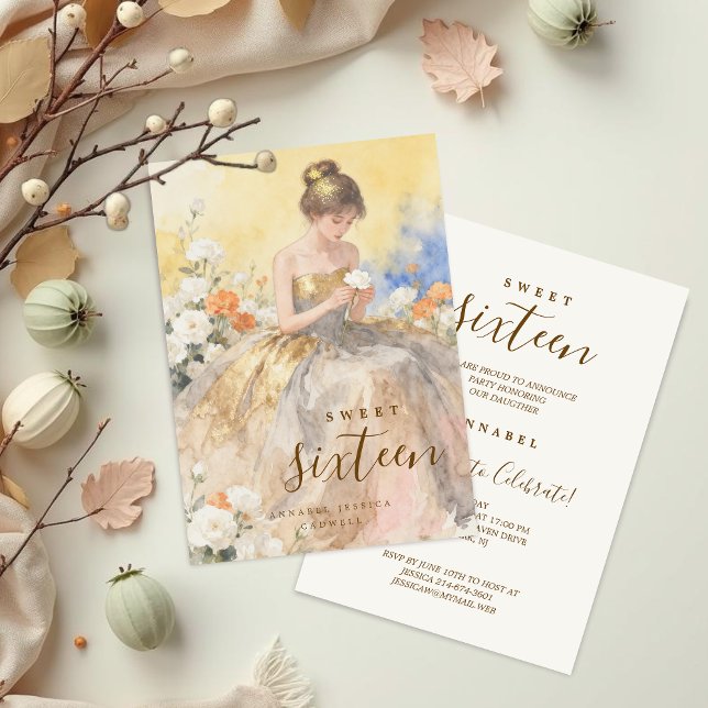 Elegant & Lovely Floral Sweet Sixteen Birthday  Invitation (Delicate Pastel Watercolor Young Woman in Golden and Gray Strapless Dress Card.)