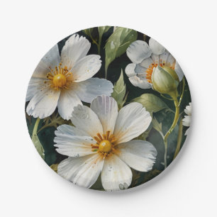 Elegant Lovely White Flowers Watercolor Chic Paper Plate