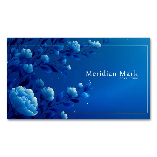 Elegant Luminous Blue Floral Monochromatic Magnetic Business Card (Front)