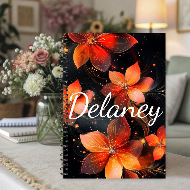 Elegant Luminous Fire Orange Floral Planner (Vibrant orange floral planner with glowing blooms on dark background.)