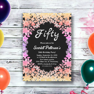 Elegant Luminous Roses Black Floral 50th Birthday Invitation