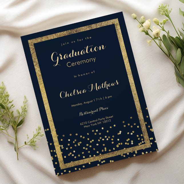 Elegant lush navy blue gold confetti Graduation Invitation (Elegant lush navy blue gold confetti Graduation )