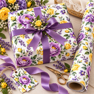 Elegant Lush Purple Peonies, Yellow Roses Wrapping Paper