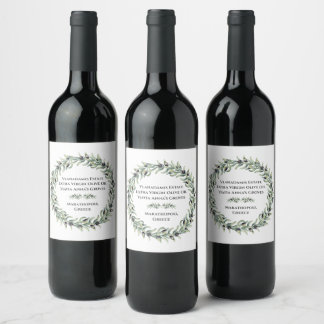 Elegant Lush Watercolour Olive Branches Wreath  Wine Label