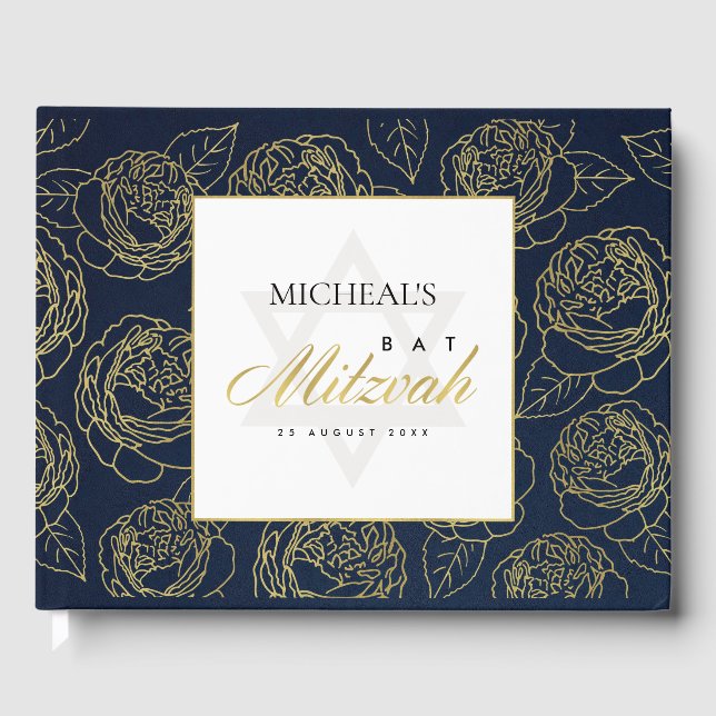 ELEGANT LUX NAVY GOLD ROSE FLORAL BAR BAT MITZVAH GUEST BOOK (Front)