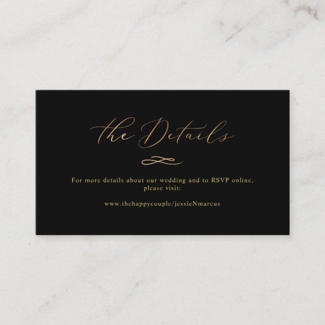 Elegant Luxe Calligraphy Faux Gold Wedding Details Business Card (Front)