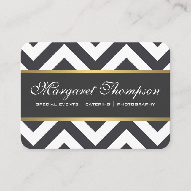 Elegant Luxe Chevron Pattern Gold Trim Business Card (Front)