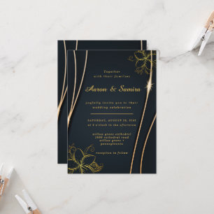 Elegant Luxurious Black and Gold Floral wedding Invitation