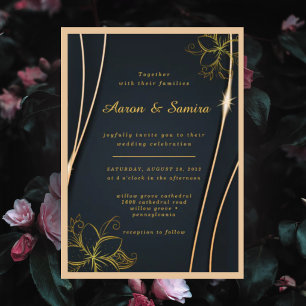 Elegant Luxurious Black and Gold Floral wedding Invitation