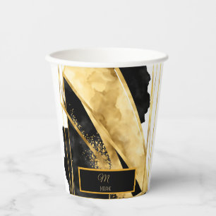 Elegant Luxurious Black Gold Monogram Modern Glam Paper Cups