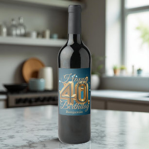 Elegant Luxurious Blue and Gold 40th Birthday Wine Label