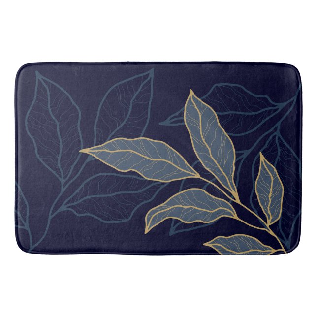 Elegant Luxurious Blue Navy Gold Leaf  Bath Mat (Front)