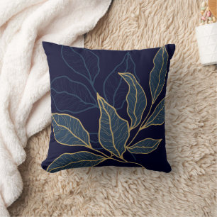 Elegant Luxurious Blue Navy Gold Leaf Throw Pillow