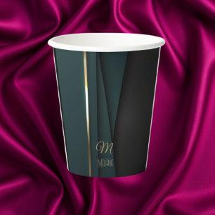 Elegant Luxurious Dark Green Gold Monogram Name Paper Cups