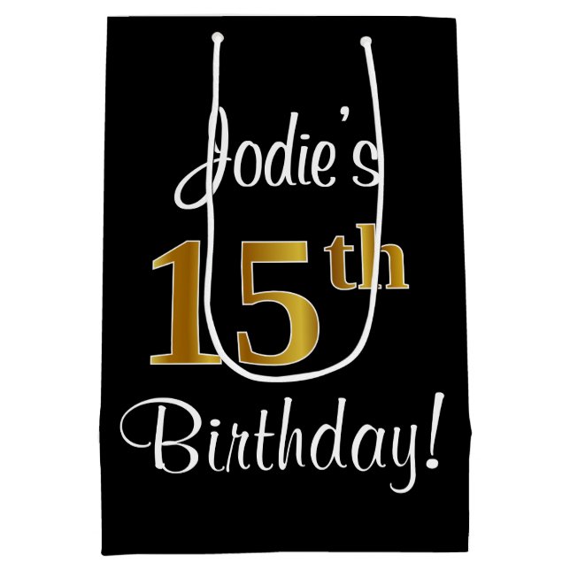 Elegant, Luxurious, Faux Gold Look 15th Birthday Medium Gift Bag (Back)