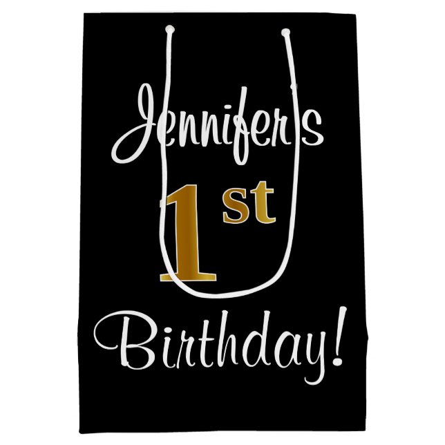 Elegant, Luxurious, Faux Gold Look 1st Birthday Medium Gift Bag (Back)