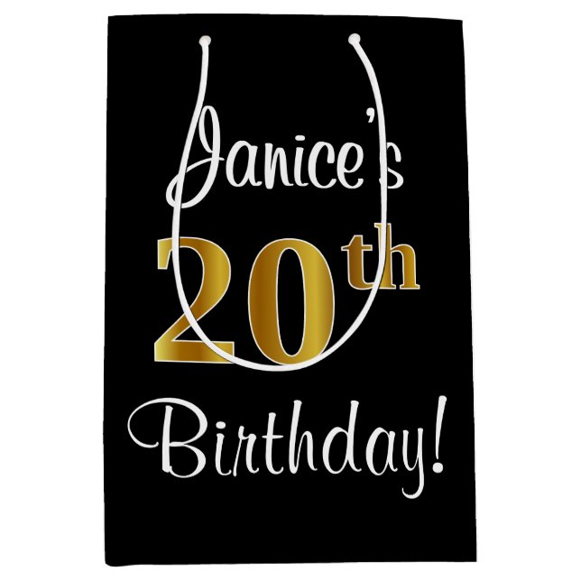 Elegant, Luxurious, Faux Gold Look 20th Birthday Medium Gift Bag (Front)