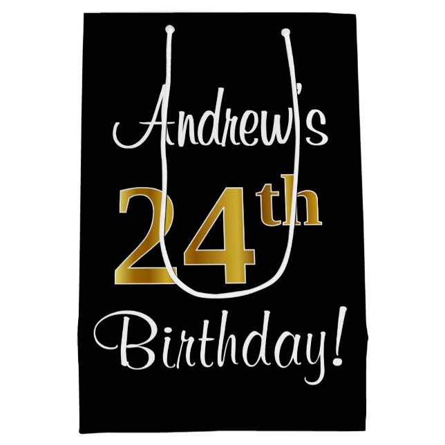 Elegant, Luxurious, Faux Gold Look 24th Birthday Medium Gift Bag (Back)