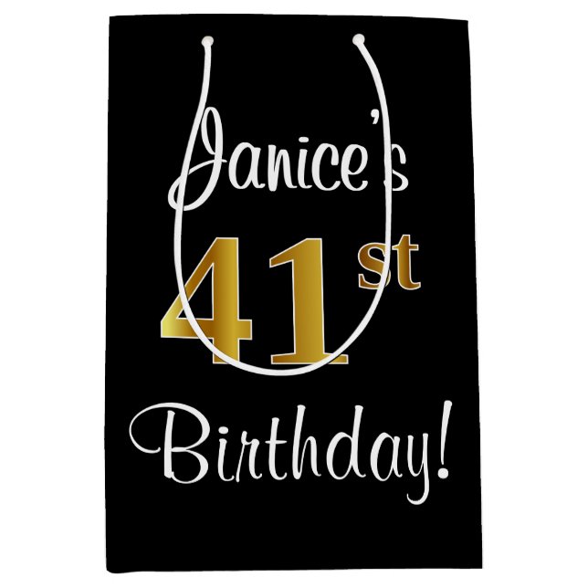 Elegant, Luxurious, Faux Gold Look 41st Birthday Medium Gift Bag (Front)