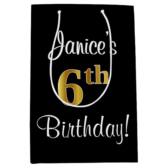 Elegant, Luxurious, Faux Gold Look 6th Birthday Medium Gift Bag (Front)