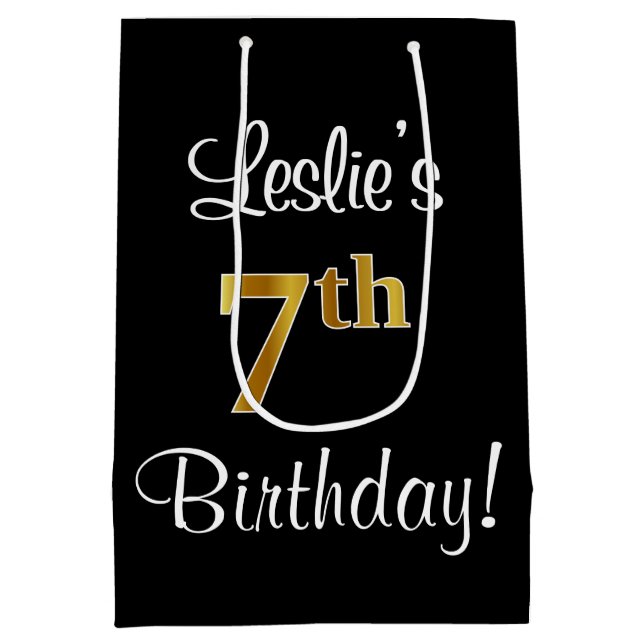 Elegant, Luxurious, Faux Gold Look 7th Birthday Medium Gift Bag (Back)
