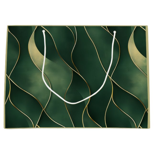 Elegant Luxurious Green and Gold Swirl Pattern Large Gift Bag (Front)