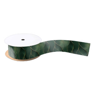 Elegant Luxurious Green and Gold Swirl Pattern Satin Ribbon
