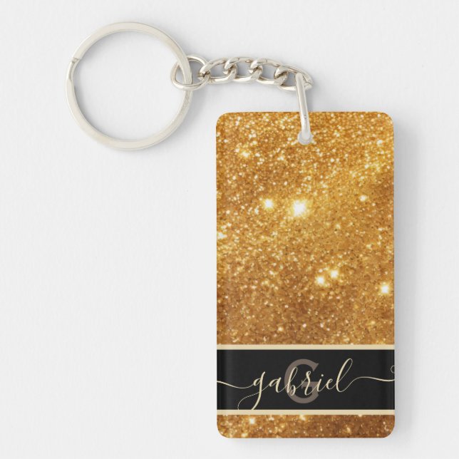 Elegant Luxurious Pure Gold Glitter Monogram Glam  Key Ring (Front)