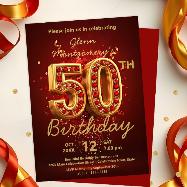 Elegant Luxurious Red and Gold 50th Birthday Invitation (Creator Uploaded)