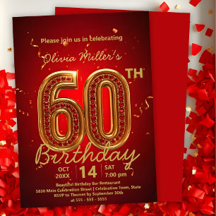 Elegant Luxurious Red and Gold 60th Birthday Invitation