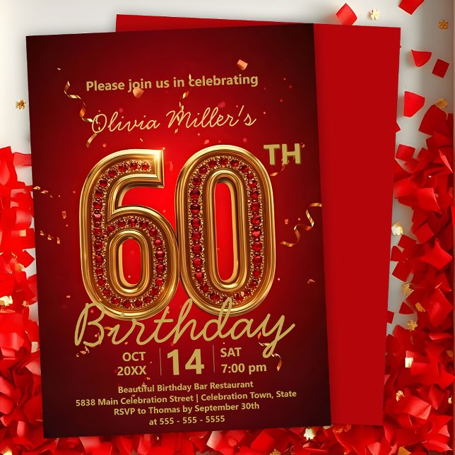 Elegant Luxurious Red and Gold 60th Birthday Invitation (Creator Uploaded)
