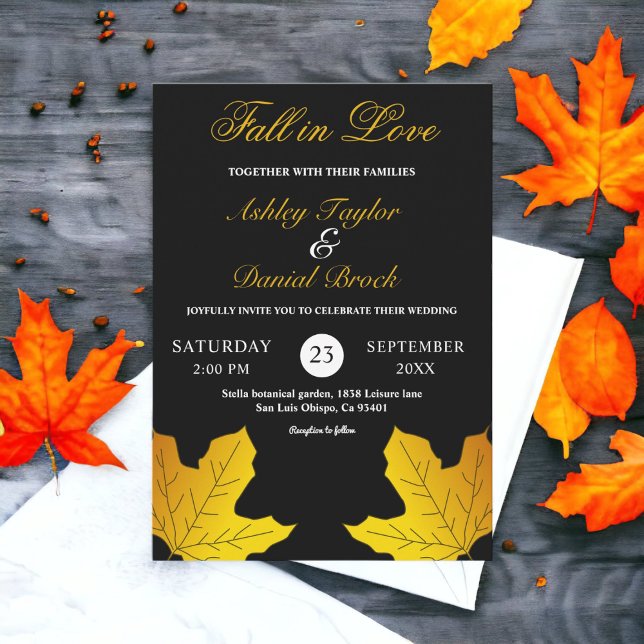 Elegant Luxury Black And Gold Leaves Fall Wedding Invitation (Creator Uploaded)