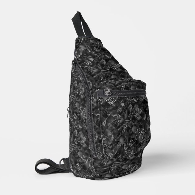 Elegant Luxury Black Faux Foil and Glitter Pattern Sling Bag (Left Corner)