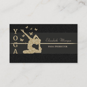 Elegant Luxury Black Glitter Girl Yoga Instructor Business Card