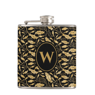 Elegant Luxury Black Gold Leaf Vintage Pattern Hip Flask