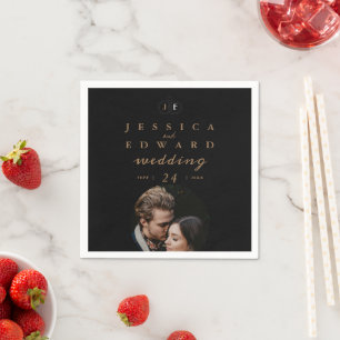 Elegant Luxury Black Gold Monogram Photo Wedding Napkin