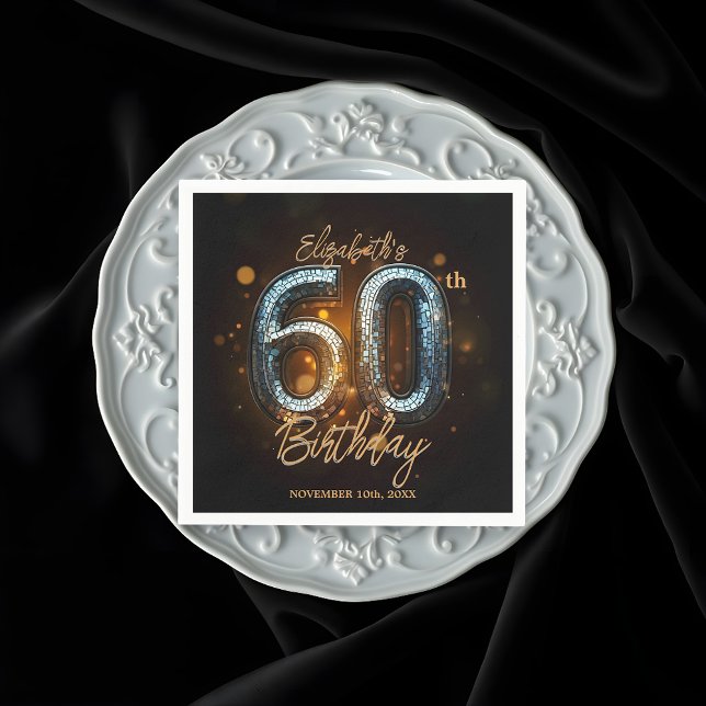 Elegant Luxury Black Gold Mosaic 60th Birthday Napkin (Creator Uploaded)