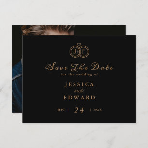 Elegant Luxury Black Gold Ring Monogram Photo Save The Date