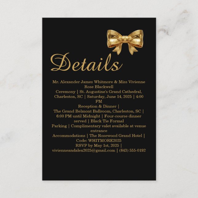 Elegant Luxury Black & Golden Bow Wedding Details Enclosure Card (Front)