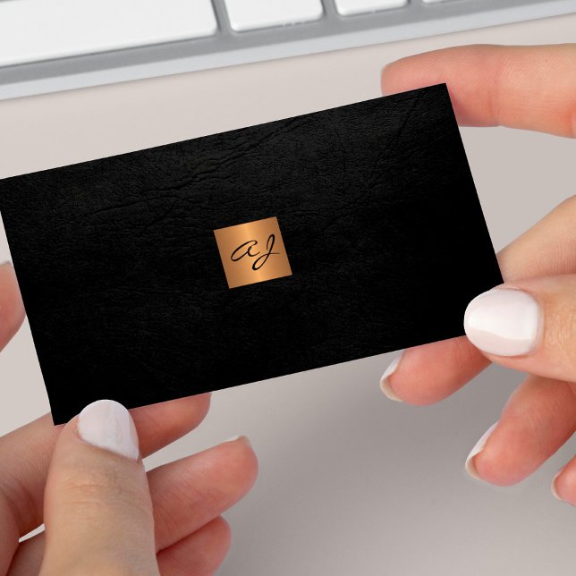 Elegant luxury black leather copper gold monogram business card (Creator Uploaded)