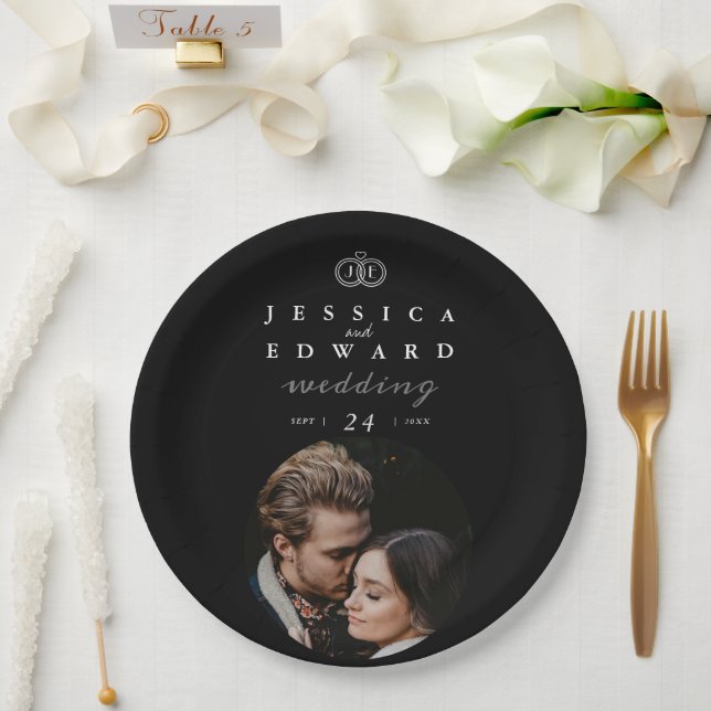 Elegant Luxury Black White Monogram Photo Wedding Paper Plate (Wedding)