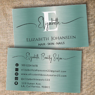 Elegant Luxury Blue Brushed Metal Girly Monogram Business Card