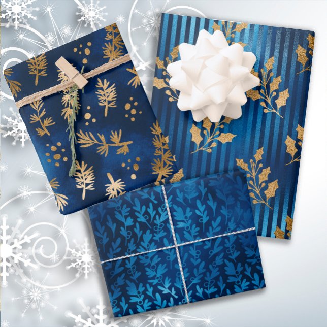 Elegant Luxury Blue Gold Christmas Holiday Wrapping Paper Sheet (Elegant blue and gold Christmas wrapping paper 3-sheet collection)