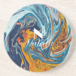 Elegant Luxury Blue Gold Monogram       Coaster